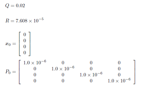 Q=0.02, R=7.608E-5, x0=[0,0,0,0] P0=1.0x10E-6diag
